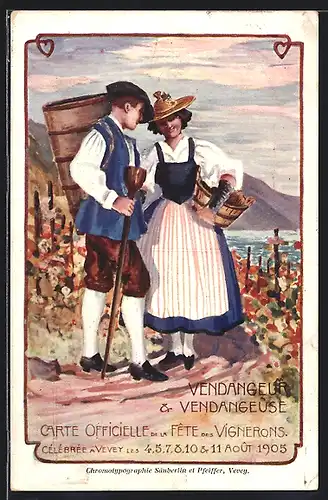AK Vevey, Fete des Vignerons August 1905, Paar bei der Weinernte