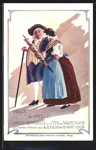 Künstler-AK Vevey, Fêtes des Vignerons 1905, Vieux & Vieille