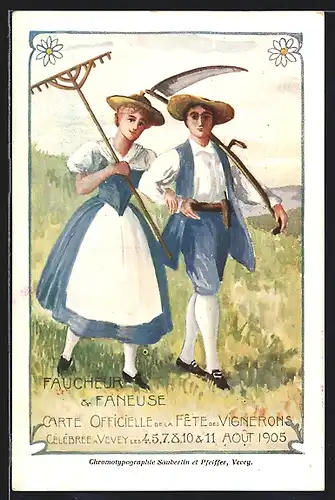 Künstler-AK Vevey, Faucheur & Faneuse, Fete des Vignerons 1905