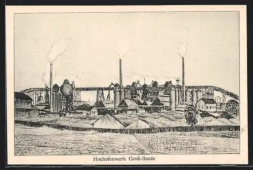 Künstler-AK Gross-Ilsede, Hochofenwerk, Bergbau