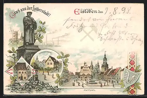 Lithographie Eisleben, Marktplatz, Luther`s Geburts- und Sterbehaus, Wappen
