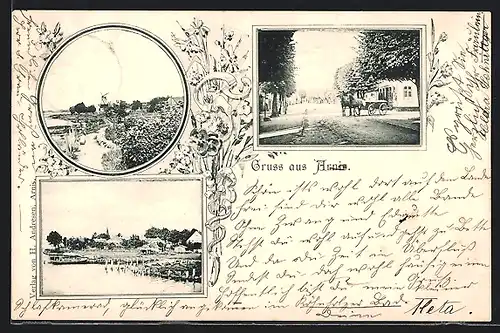 AK Arnis, Ortspartie mit Windmühle, Strassenpartie, Uferpartie