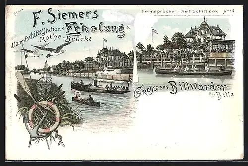 Lithographie Hamburg-Billwärder, Gasthaus Erholung an der Rothe-Brücke und Dampfschiffstation