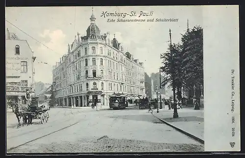 AK Hamburg-St. Pauli, Ecke Schanzenstrasse und Schulterblatt mit Gasthaus Destillation und Strassenbahn