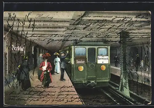 AK Hamburg, U-Bahn-Haltstelle Barkhof mit Zug