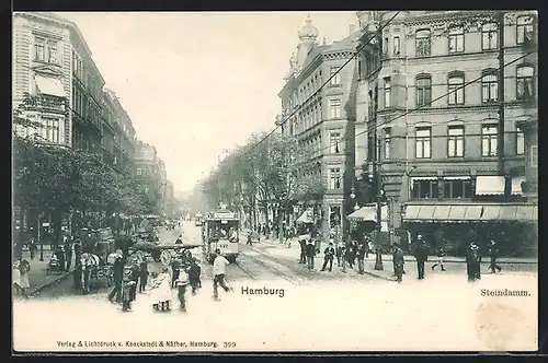 AK Hamburg-St.Georg, Steindamm mit Geschäften und Strassenbahn