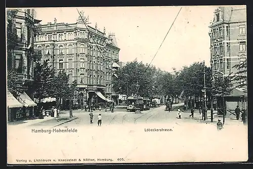 AK Hamburg-Hohenfelde, Lübeckerstrasse mit Geschäft und Strassenbahn