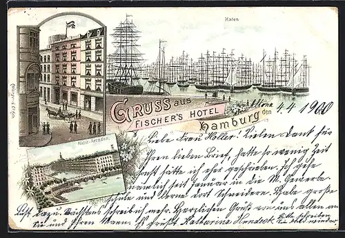 Lithographie Hamburg, Fischer's Hotel, Alster-Arcaden, Hafen, Strassenpartie