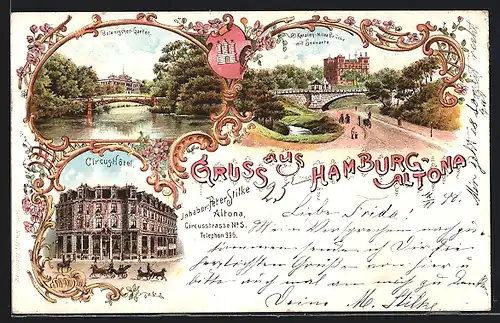 Lithographie Hamburg-Altona, Circus-Hotel, Circusstrasse 5, Botanischer Garten