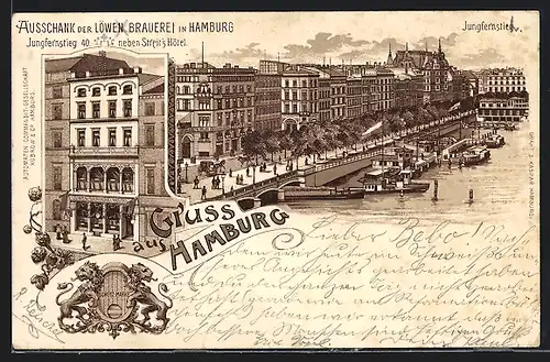 Lithographie Hamburg-Neustadt, Ausschank der Löwen Brauerei, Jungfernstieg 40 neben Streit`s Hotel