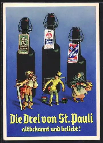AK Brauerei-Werbung für die Drei von St. Pauli, Bavaria, Astra & Gesundheitsbier, Ritter, Wasserträger, Marktfrau