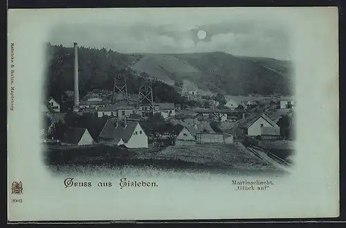 Mondschein-AK Eisleben, Der Martinschacht Glück Auf im Vollmondlicht, Bergbau