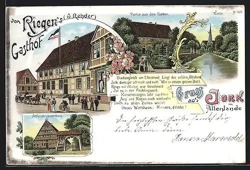 Lithographie Jork /Altenlande, Von Riegen`s Gasthof ( J. Rehder), Gartenpartie, Altländer Bauernhaus