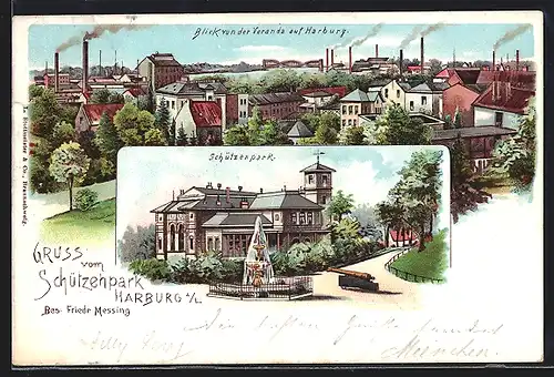 Lithographie Hamburg-Harburg, Gasthaus Schützenpark und Blick von der Veranda auf Harburg