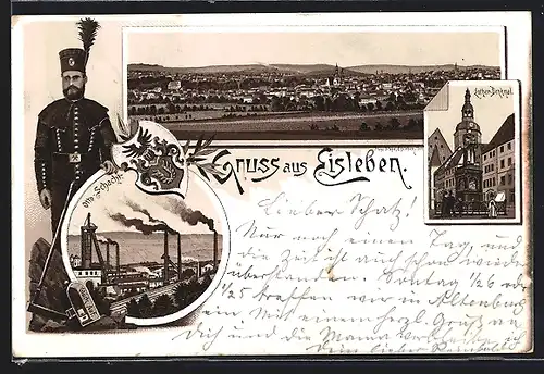 Lithographie Eisleben, Otto-Schacht, Luther-Denkmal, Panorama undd Bergmann