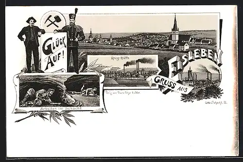 Lithographie Eisleben, Krug-Hütte, Otto-Schacht III., Arbeiten im Schacht, Bergmänner, Bergbau