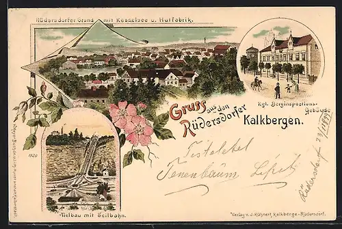 Lithographie Rüdersdorf, Kgl. Berginspektionsgebäude, Tiefbau mit Seilbahn, Rüdersdorfer Grund mit Kesselsee