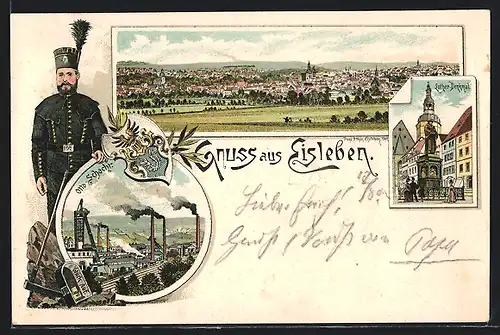 Lithographie Eisleben, Teilansicht, Otto-Schacht, Luther-Denkmal, Bergbau