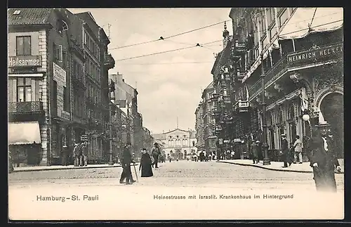 AK Hamburg-St. Pauli, Heinestrasse mit israelitischem Krankenhaus im Hintergrund