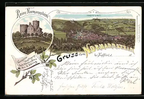 Lithographie Treffurt, Totalansicht, Ruine Normannstein