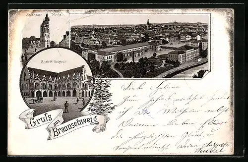 Lithographie Braunschweig, Gesamtansicht, ALtstadt Rathaus, Andreas Kirche