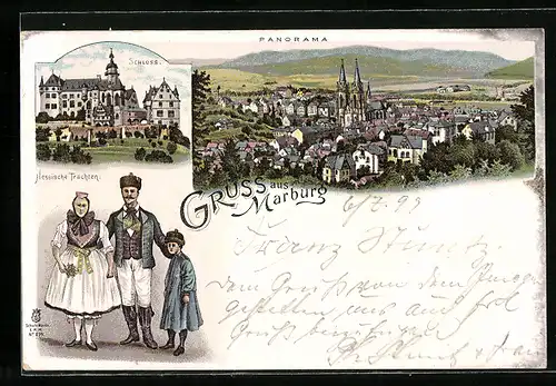 Lithographie Marburg, Hessische Trachten, Schloss u. Panorama