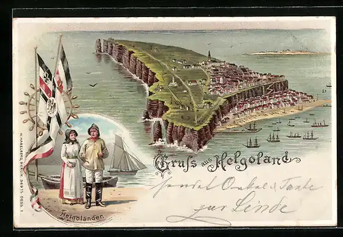 Lithographie Helgoland, Insel Helgoland mit Schiffen und Helgoländern