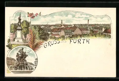 Lithographie Fürth, Kunstbrunnen, Kriegerdenkmal, Blick über die Dächer der Stadt