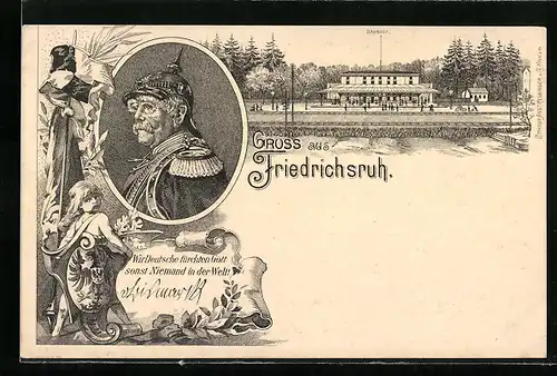 Lithographie Friedrichsruh, Bahnhof, Portrait Bismarck