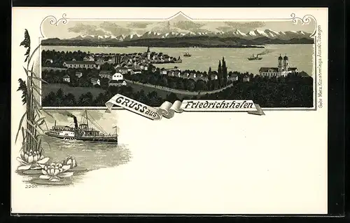 Lithographie Friedrichshafen, Gesamtansicht, Bodenseedampfer