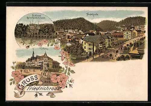 Lithographie Friedrichroda, Kurhaus, Schloss Reinhardsbrunn