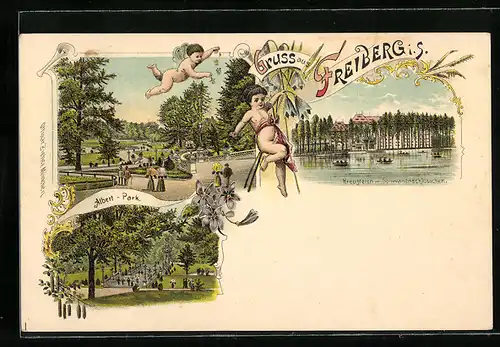 Lithographie Freiberg i. S., Blick auf Albert-Park und Kreuzteich m. Schwanenschlösschen