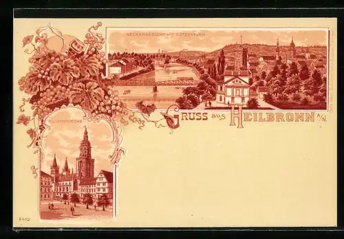 Lithographie Heilbronn, Neckaransicht mit Götzenturm und Kilianskirche