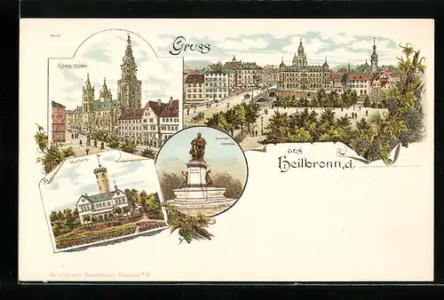 Lithographie Heilbronn, Ortsansicht, Kilians-Kirche, Wartberg