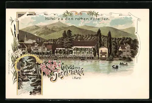 Lithographie Ilsenburg i. H., Hotel zu den rothen Forellen vom anderen Ufer aus gesehen
