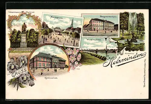 Lithographie Holzminden, Fontaine, Weserbrücke, Marktplatz, Gymnasium