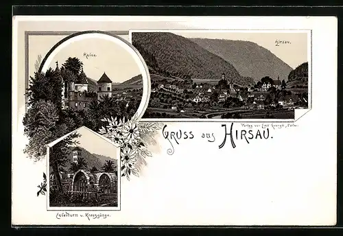 Lithographie Hirsau, Totalansicht, Ruine, Eulenturm & Kreuzgänge