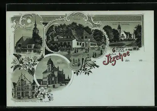 Lithographie Itzehoe, Eichthal, ST. Laurenti Kirche, Schloss Breitenburg, Postamt