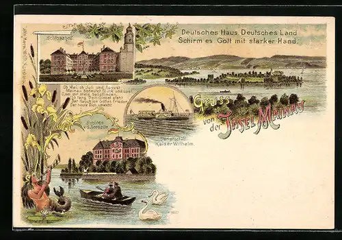 Lithographie Insel Mainau, Schlosshof, Schloss von der Seeseite, Dampfschiff Kaiser Wilhelm