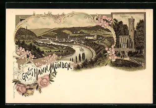 Lithographie Hann. Münden, Ortsansicht aus der Vogelschau, Aussichtsturm Tillyschanze