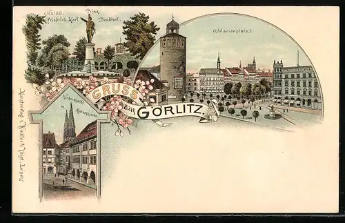 Lithographie Görlitz, Marienplatz, Prinz Friedrich Karl Denkmal, Untermarkt