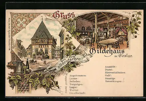 Lithographie Goslar, Restaurant Gildehaus mit Innenansicht