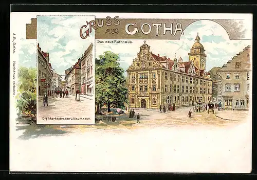 Lithographie Gotha, Marktstrasse v. Neumarkt, Neues Rathaus