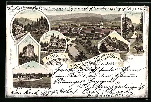 Lithographie Tambach /Dietharz, Ortsansicht, Napoleonstein