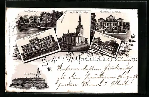 Lithographie Wolfenbüttel, Ortsansicht mit Kaffeehaus, Garnison-Kirche, Lessinghaus & Bibliothek
