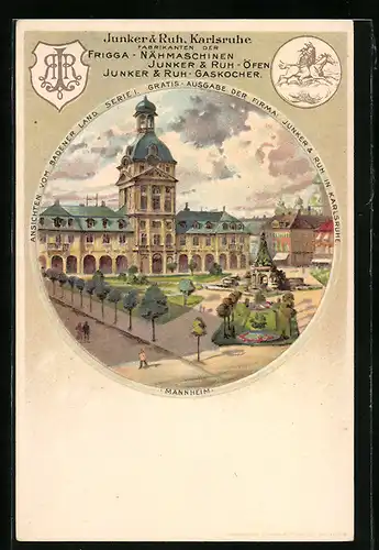 Lithographie Mannheim, Ansichten vom Badener Land, Reklamekarte von Junker & Ruh in Karlsruhe, Frigga-Nähmaschinen