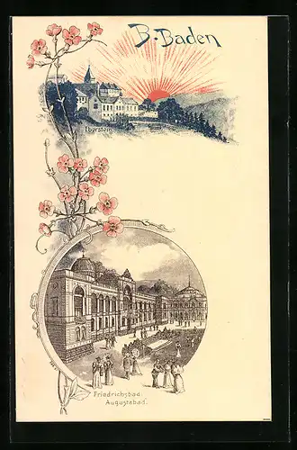 Lithographie Baden-Baden, Schloss Eberstein, Friedrichsbad und Augustabad