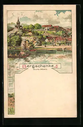 Lithographie Halle-Cröllwitz, Teilansicht mit Blick zum Gasthaus Bergschenke