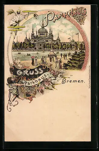 Lithographie Bremen, Parkhaus mit Damen und Herren beim Spaziergang