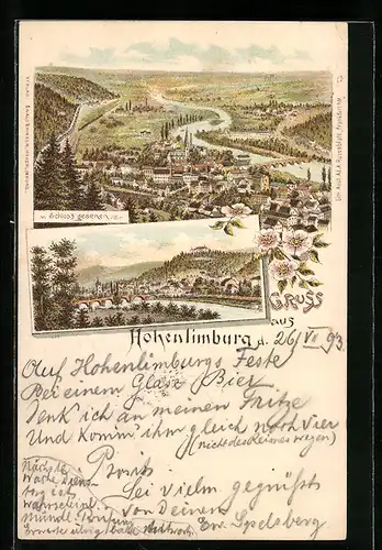 Lithographie Hohenlimburg, Generalansicht der Stadt vom Schloss aus, die Brücke in die Stadt